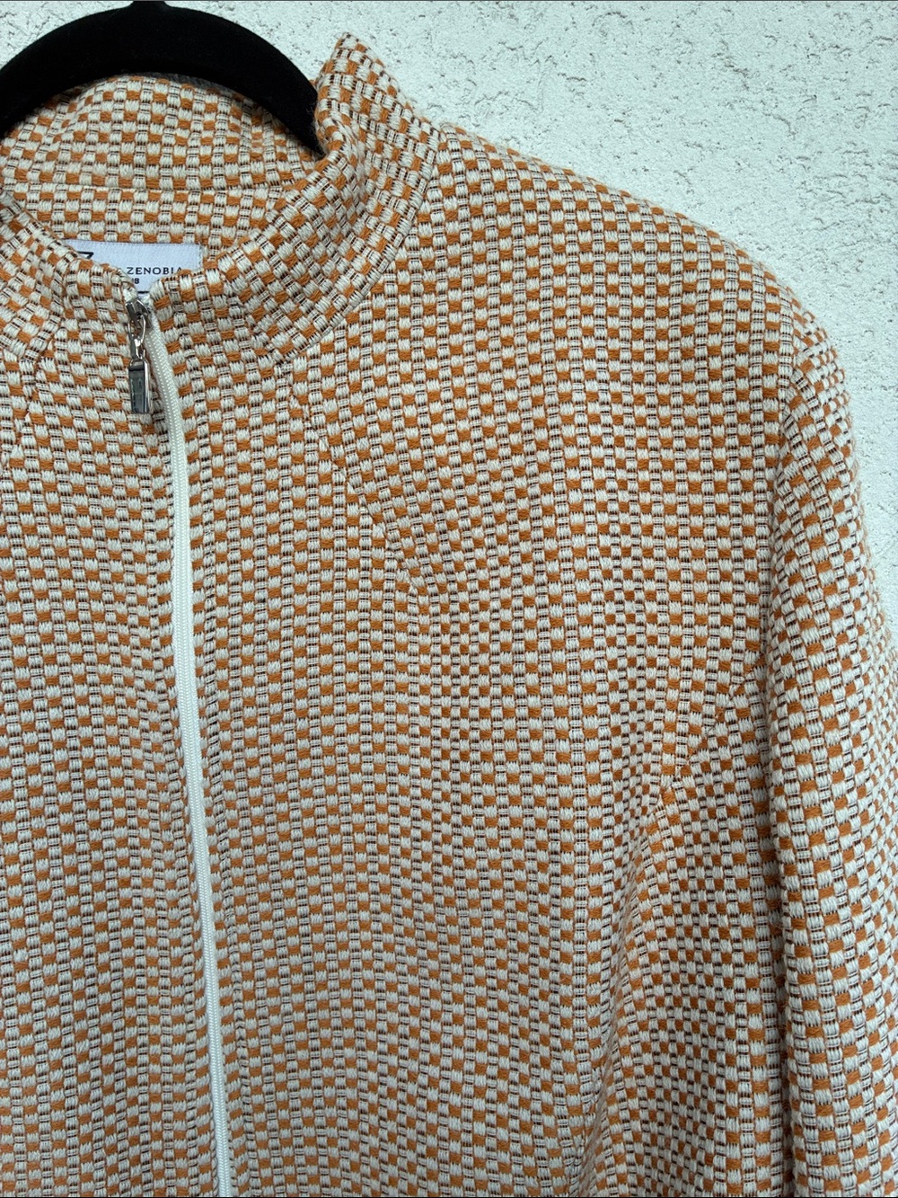Z from Zenobia  Woven wool tan, orange and cream  Zip-Front Women's Jacket